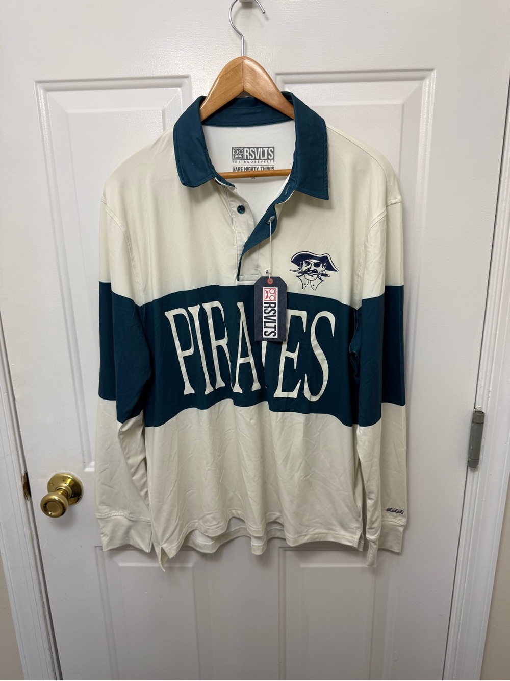NWT RSVLTS Pirates Rugby Shirt Long Sleeve Polo Cream Teal Mens M blokecore